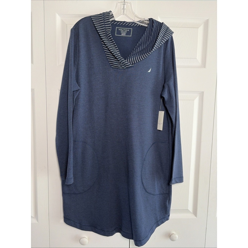 Nautica Lounge Hoodie Sleepwear Womens XL Blue Striped Hood NEW Resort Coastal